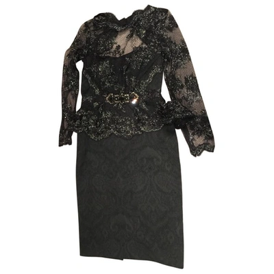 Pre-owned Badgley Mischka Embellished Peplum Lace Dress In Black