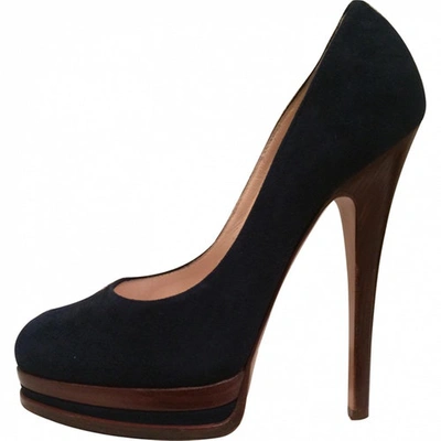 Pre-owned Casadei Navy Suede High Heels With Wood Accents