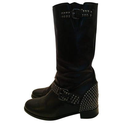 Pre-owned Christian Louboutin Mid-calf  Studded Moto Boots In Black