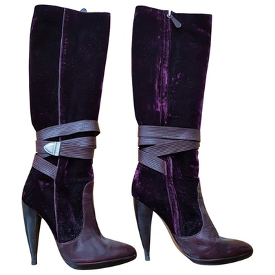 Pre-owned Versace Velvet Boots In Burgundy