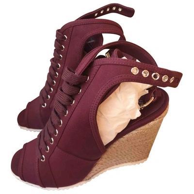Pre-owned Prada Cloth Open Toe Boots In Burgundy