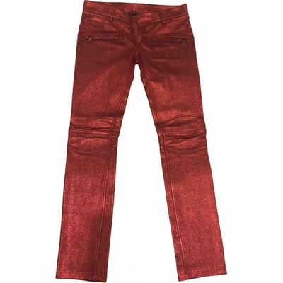 Pre-owned Balmain Leather Slim Pants In Red