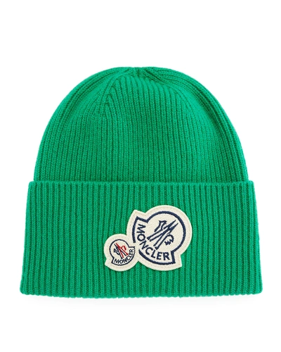 Moncler Men's Double-patch Cuffed Beanie Hat In Green