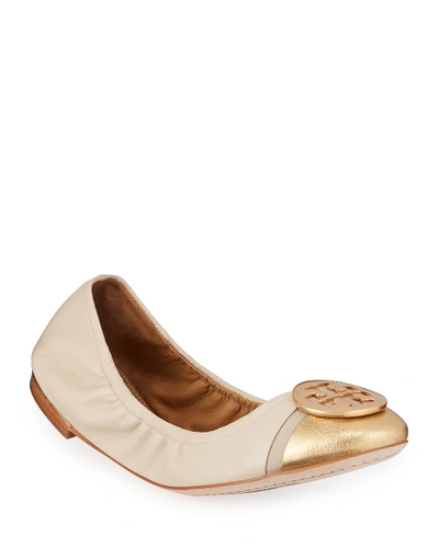 Tory Burch Minnie Metallic Cap-toe Ballet Flat In Beige