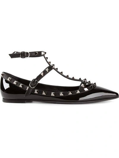 Valentino Garavani 'noir Rockstud' Double Ankle Strap Patent Leather Pointy Toe Flat (women) In Black