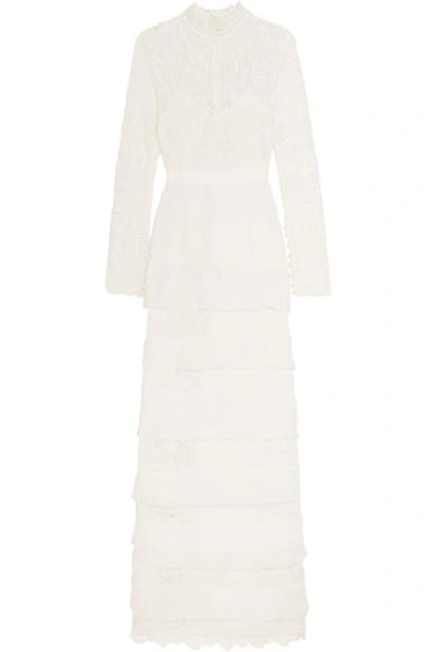 Self-portrait Long-sleeve Pleated Lace-trim Gown, Off White