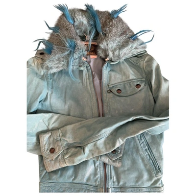 Pre-owned Replay Leather Biker Jacket In Turquoise