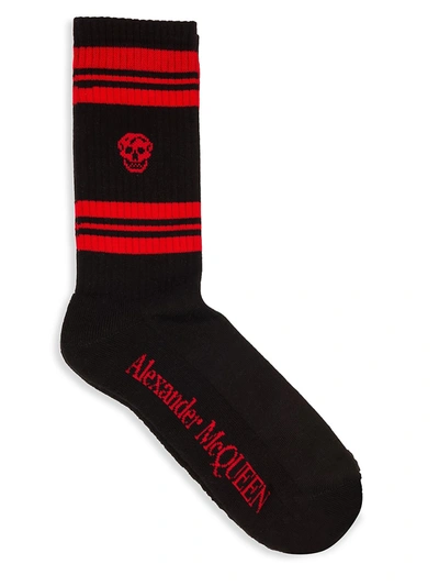 Alexander Mcqueen Stripe & Skull Cotton Blend Socks In 블랙,레드
