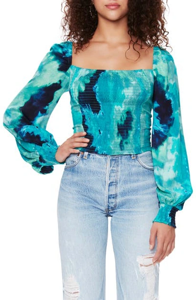 Afrm Bardot Tie Dye Smocked Square Neck Top In Green Tie Dye