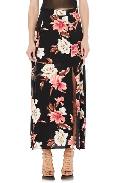 Afrm Tulum Floral Side Slit Midi Skirt In Noir Tropical