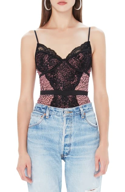 Afrm Lace Bodysuit In Pink Neon Leopard