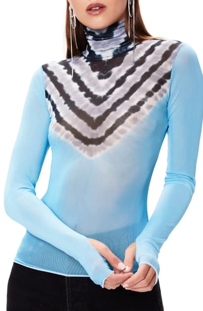 Afrm Zadie Semi Sheer Turtleneck In Blue Chevron Placement Tie Dye