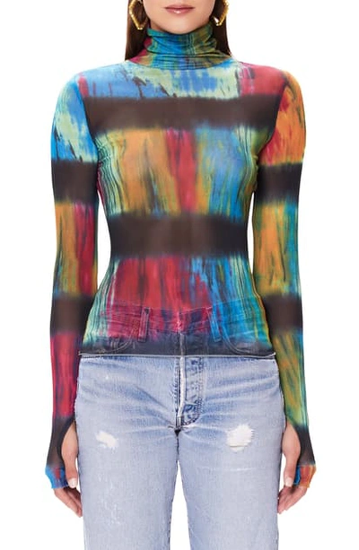 Afrm Zadie Semi Sheer Turtleneck In Technicolor Stripe Tie Dye