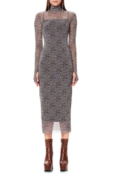 Afrm Shailene Long Sleeve Print Mesh Dress In Natural Leopard