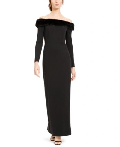 Calvin Klein Off-the-shoulder Faux-fur-trim Gown In Black