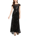 CALVIN KLEIN CAP-SLEEVE SEQUINED V-BACK GOWN