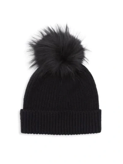 Amicale Cashmere Links Stitch Cuffed Hat With Genuine Fox  Fur Pom In 001blk