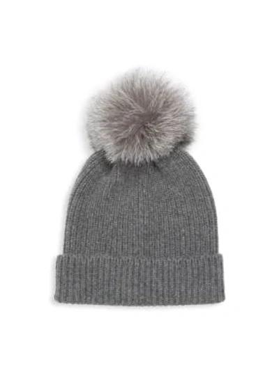 Amicale Rib-knit Cashmere Fox Fur Pom-pom Beanie In Light Grey