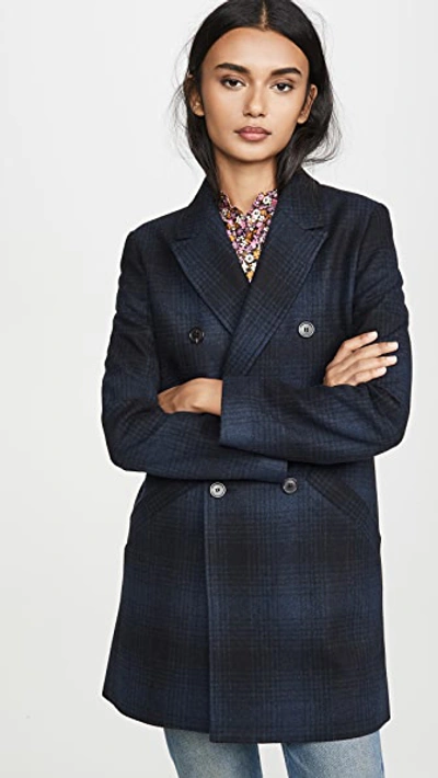 Apc Joan Checked Wool-blend Double-breasted Coat In Dark Navy