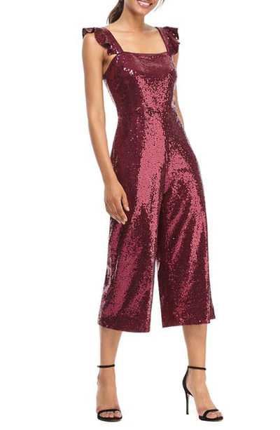 Gal Meets Glam Collection Casey Sequin Ruffle Strap Jumpsuit In Shiny Plum