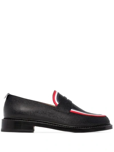 Thom Browne Tricolour-striped Pebbled-leather Penny Loafers In Black