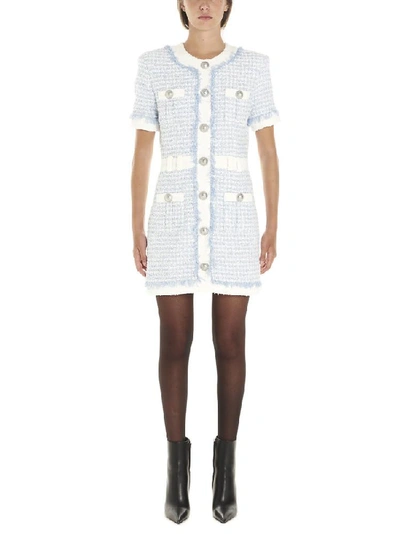 Balmain Buttoned Sequin-embroidered Tweed Mini Dress In Blue