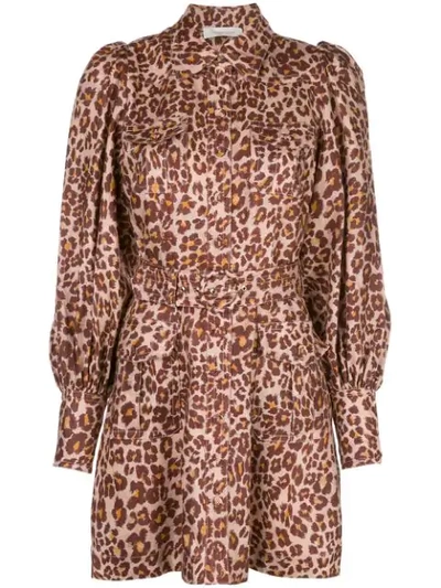 Zimmermann Espionage Leopard Linen Puff-sleeve Shirtdress