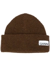 Ganni Logo Patch Beanie Hat In Brown