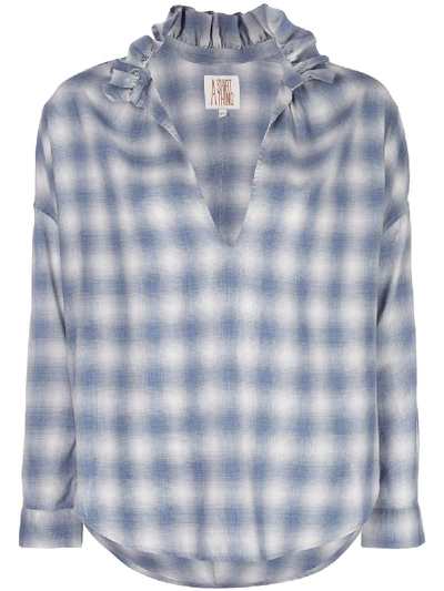 A Shirt Thing Penelope Ruffle Neck Plaid Blouse In Blue