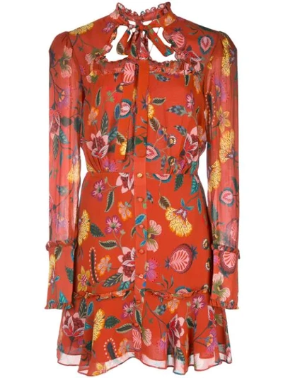 Alexis Morgana Floral Long-sleeve Tie-neck Dress In Red ,multicolour