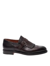 SANTONI DARK BROWN LEATHER BROGUE MONK STRAPS