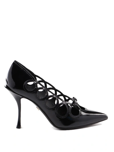 Dolce & Gabbana Cutout Bow-embellished Glossed-leather Pumps In Black
