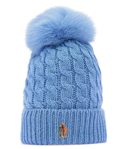 Moncler Knitted Wool Hat With Fox Fur Pom-pom In Azzurro