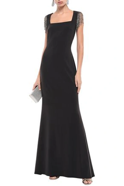 Badgley Mischka Square-neck Beaded Fringe Sleeve Crepe Gown In Charcoal