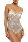 KIKI DE MONTPARNASSE GRAND SOLEIL SILK CHARMEUSE-TRIMMED LACE BODYSUIT,3074457345621400762