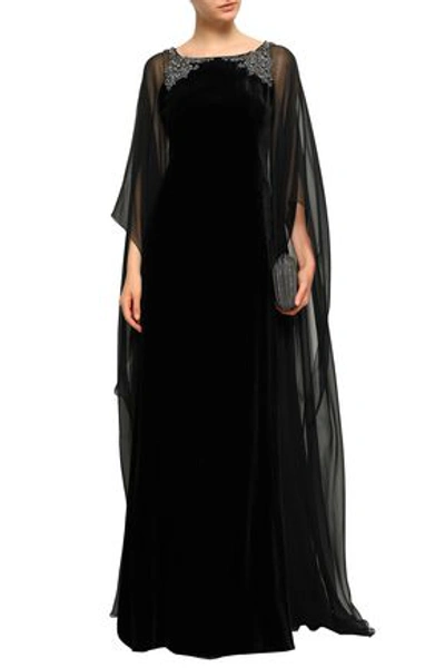 Alberta Ferretti Woman Cape-back Embellished Chiffon-paneled Velvet Gown Black