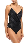 KIKI DE MONTPARNASSE KIKI DE MONTPARNASSE WOMAN WRAP-EFFECT STRIPED SILK-CHIFFON AND SATIN BODYSUIT BLACK,3074457345621291314