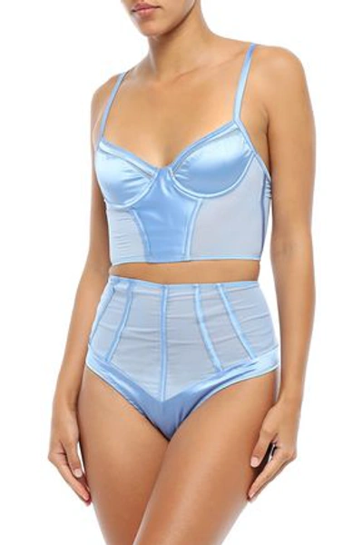 Kiki De Montparnasse Expose Cropped Stretch-silk Satin And Tulle Bustier In Light Blue