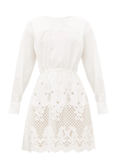 See By Chloé Lace Eyelet Puff-sleeve Drawstring A-line Poplin Dress In White