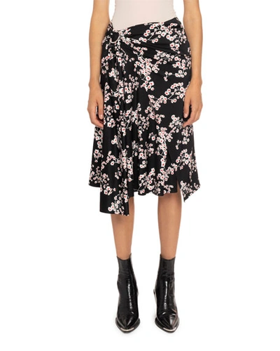 Paco Rabanne Gathered Floral-print Stretch-jersey Wrap Midi Skirt In Black