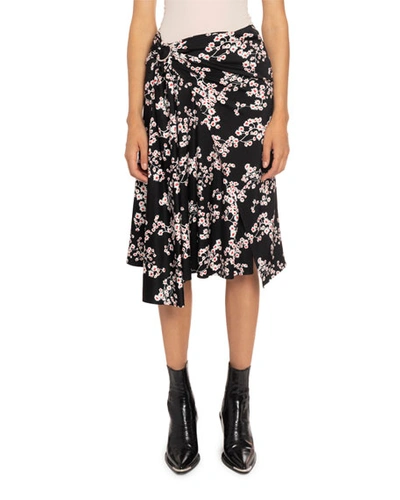 Rabanne Gathered Floral-print Stretch-jersey Wrap Midi Skirt In Black