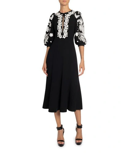 Andrew Gn Belted Lace-embroidered Crepe Midi Dress In Black/white