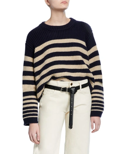 Khaite Dotty Cropped-hem Striped Cashmere Sweater In Navy/butter Stripe