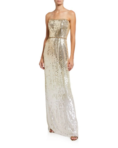 Jenny Packham Ombre Sequin Strapless Column Gown In White