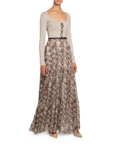 Altuzarra Pollie Belted Ribbed-knit And Snake-print Silk-blend Chiffon Maxi Dress In Silver