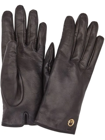 Fendi Leather Logo Gloves In Black