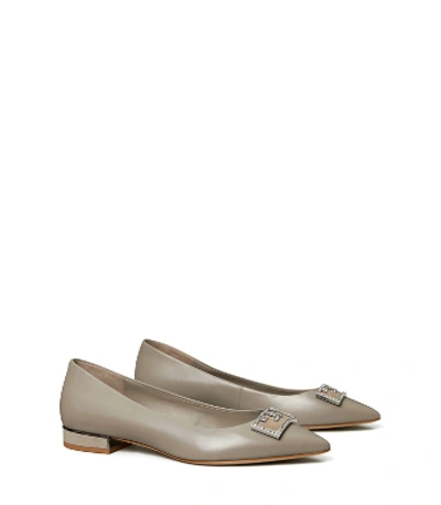 Tory Burch Suede-trimmed Embellished Leather Point-toe Flats In Gray Heron