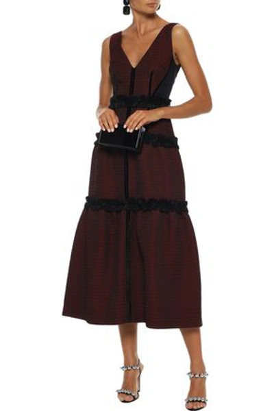 Amanda Wakeley Frayed Velvet-trimmed Cloqué Midi Dress In Brick