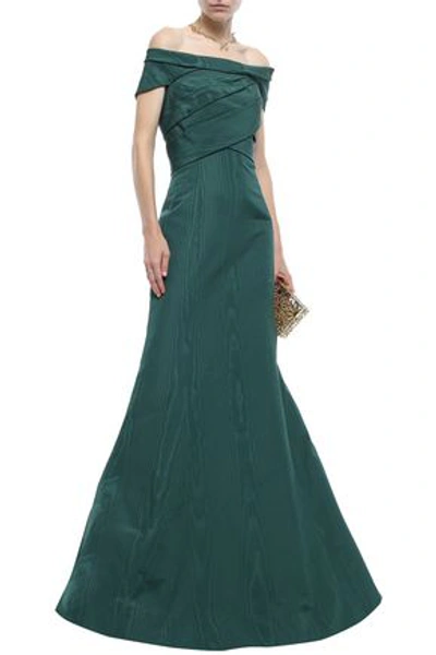 Oscar De La Renta Woman Off-the-shoulder Pleated Cotton-blend Moire Gown Dark Green