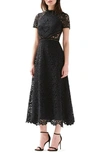 ml Monique Lhuillier Lace Short-sleeve A-line Midi Dress In Jet